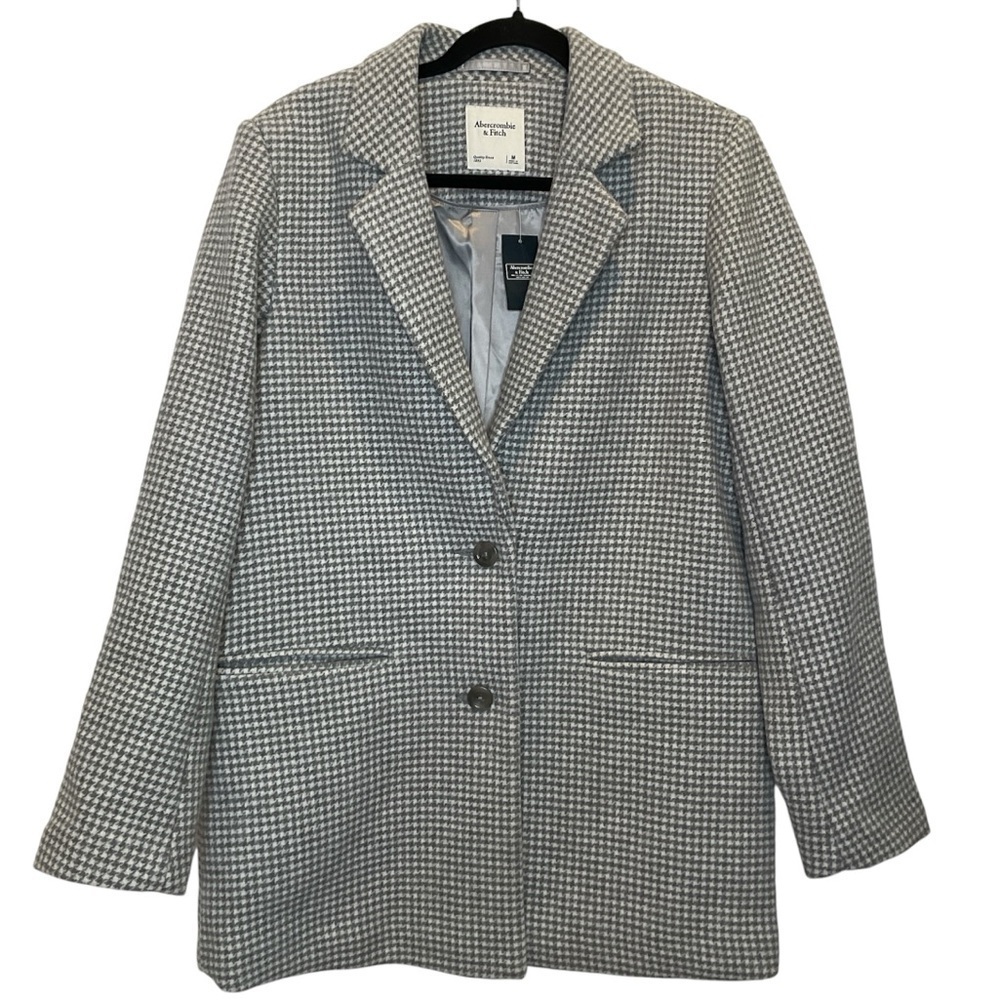 NWT Abercrombie & Fitch Wool Blend Houndstooth Tailored Top Coat in Grey Medium